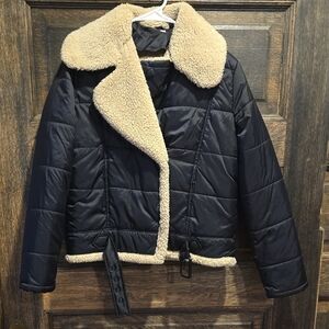 RD Style Black Puffer Jacket with Cream Sherpa Collar